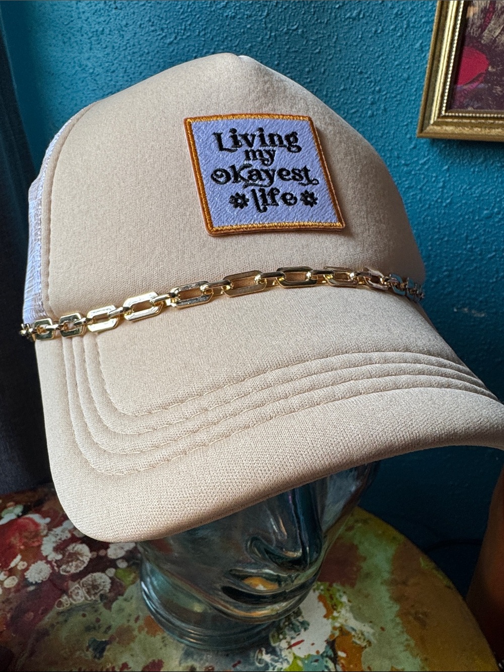 Living My Okayest Life Beige Trucker Hat with Gold Chain